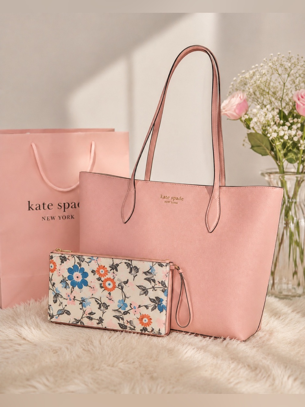NWT Kate Spade All Day Large Leather Tote Coral Gable + Floral Wristlet